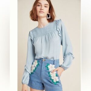 Anthropologie - Ice Blue Peasant Style Blouse with Ruffle Detail